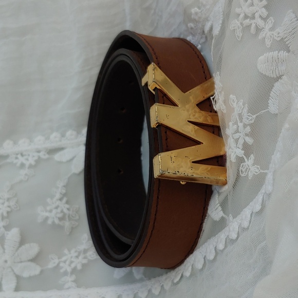 Michael Kors Brown Leather Belt with Gold Tone MK Buckle size XL - Picture 8 of 13